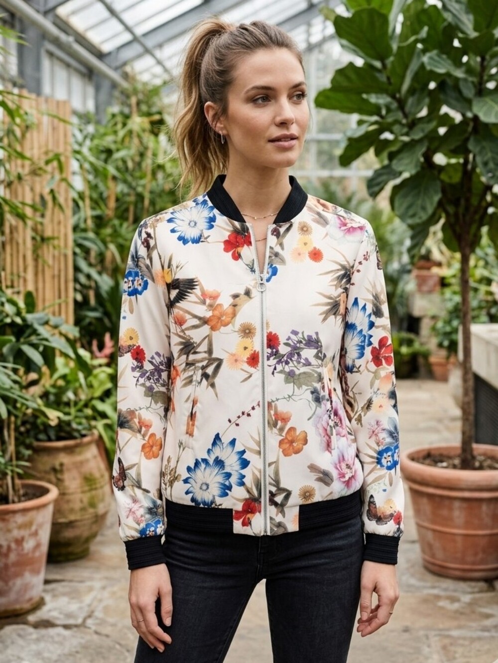 Mason By Suko Women's Cream Tropical Floral Summer Bomber Jacket Size XS-M
